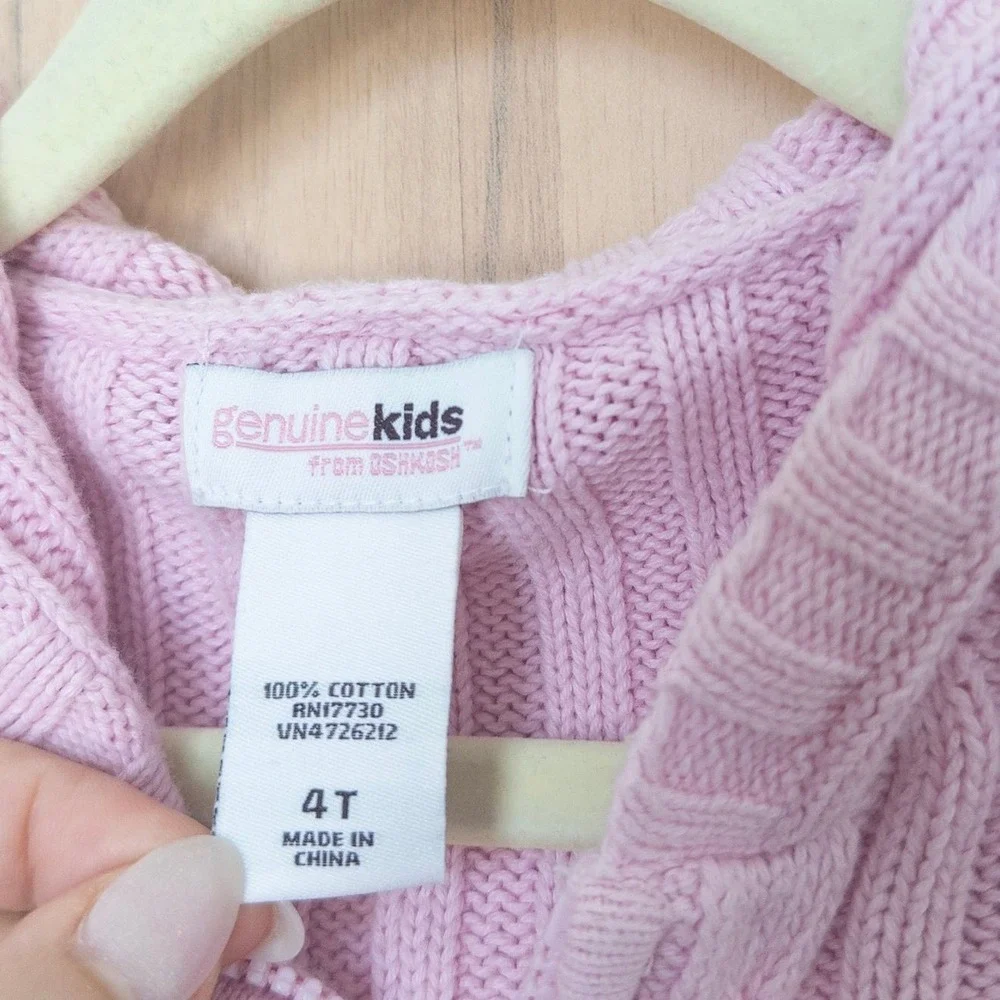 Vintage Osh Kosh Girls Sweater 4T Pink Cable Knit Hooded Zip‎ Up Cardigan Preppy